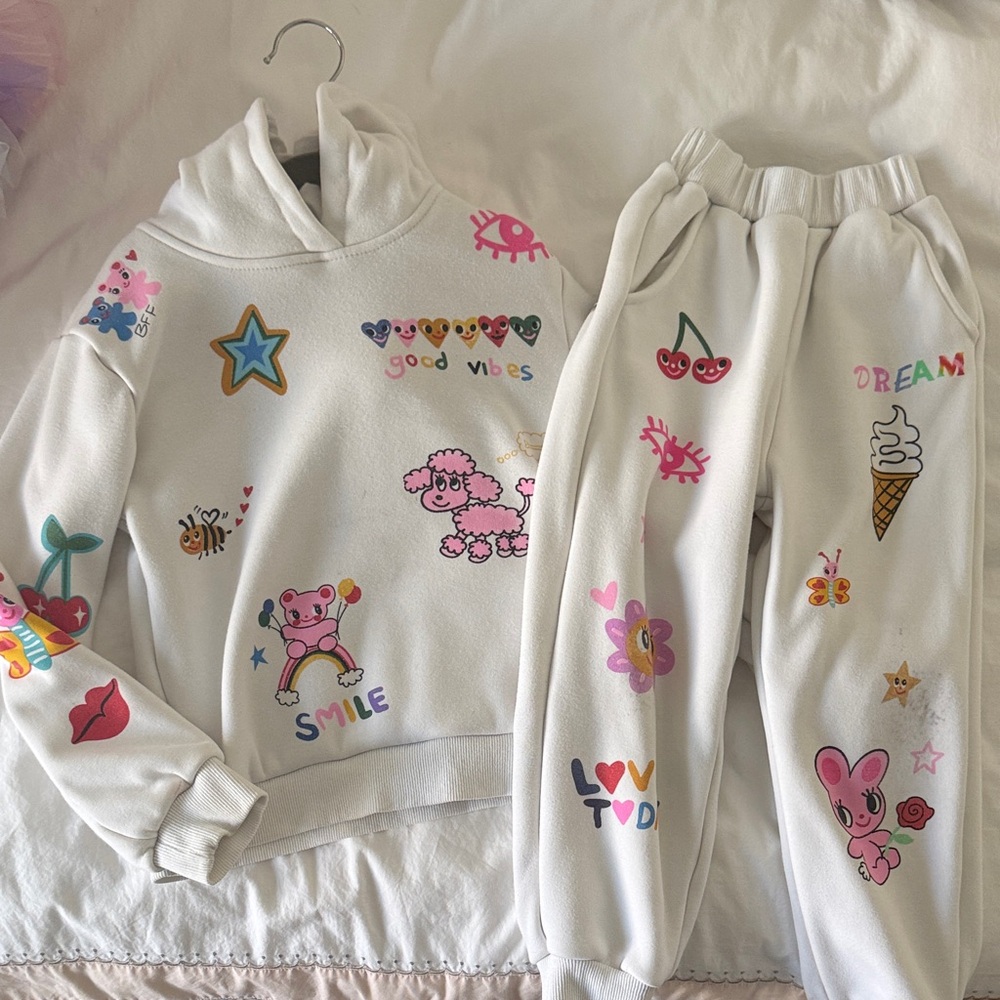 Kids White Graphic Jogger Sweatpants - Cute Cartoon Print